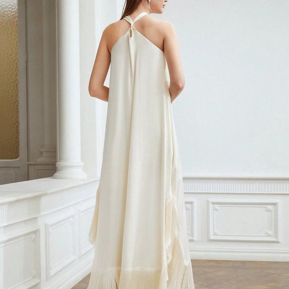 BEIGE PREPPY WOMENS FRINGE HEM CROSS HALTER DRESS - Picture 5 of 5